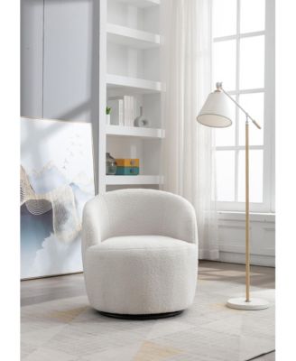 Ivory Teddy Fabric Swivel Accent Armchair With Black Powder Coating Metal Ring