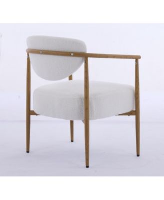 White teddy velvet dining chair with metal frame and wood grain finish