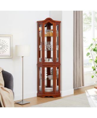 Corner Curio Cabinet with Light System Mirrored Back Adjustable Shelves and Walnut Finish
