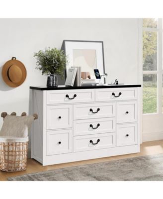 9 Farmhouse Dresser with Charging Station & Metal Handle, Wooden Tv Stand with Dressers, 9 Drawer Dressers for Bedroom Living Room Enterway