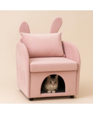 Velvet Pink Bunny-Ear Pet-Friendly Armchair with Built-in Cat & Dog Hideaway, Plush Dual-Use Sofa Chair