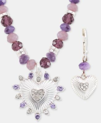 Crystal Heart Beaded Pendant Necklace & Drop Earrings Set