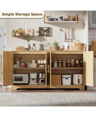 59” Sideboard Buffet Cabinet - Large Credenza Storage with 4 Rattan Doors, Modern Console Table Accent Coffee Bar Cabinet