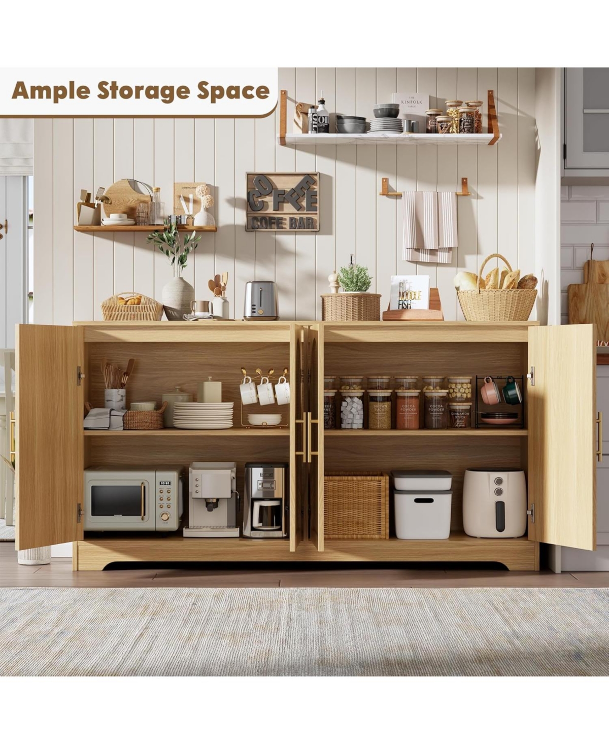 gaomon 59" Sideboard Buffet Cabinet - Large Credenza Storage with 4 Rattan Doors, Modern Console Table Accent Coffee Bar