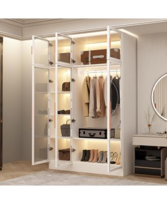 47 Inch W Glass Doors Armoires Metal Frame Wardwore with LED Lights, Hanging Rod (74.8 in. H x 19.2 in. D