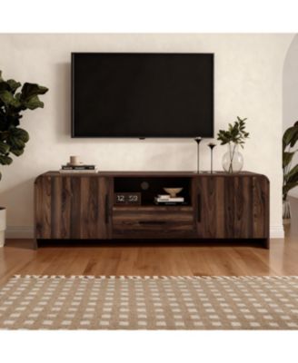 Mid-Century Walnut Finish 2-Door 1-Drawer TV Console, Engineered Wood Entertainment Stand with Storage