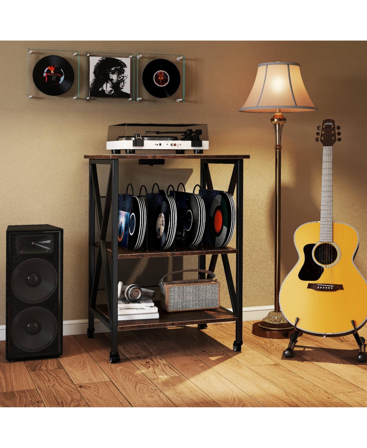 Costway 3-tier Record Player Stand with Metal Dividers Adjustable Shelf & Power Outlets
