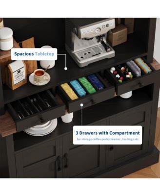 Coffee Bar Cabinet with LED Light, 72" Tall Farmhouse Coffee Bar Hutch with Storage, Sideboard Buffet Cabinet