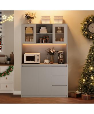 71" Pantry Cabinet with Charging Station,Tall Kitchen Pantry Storage Cabinet with Led Lights