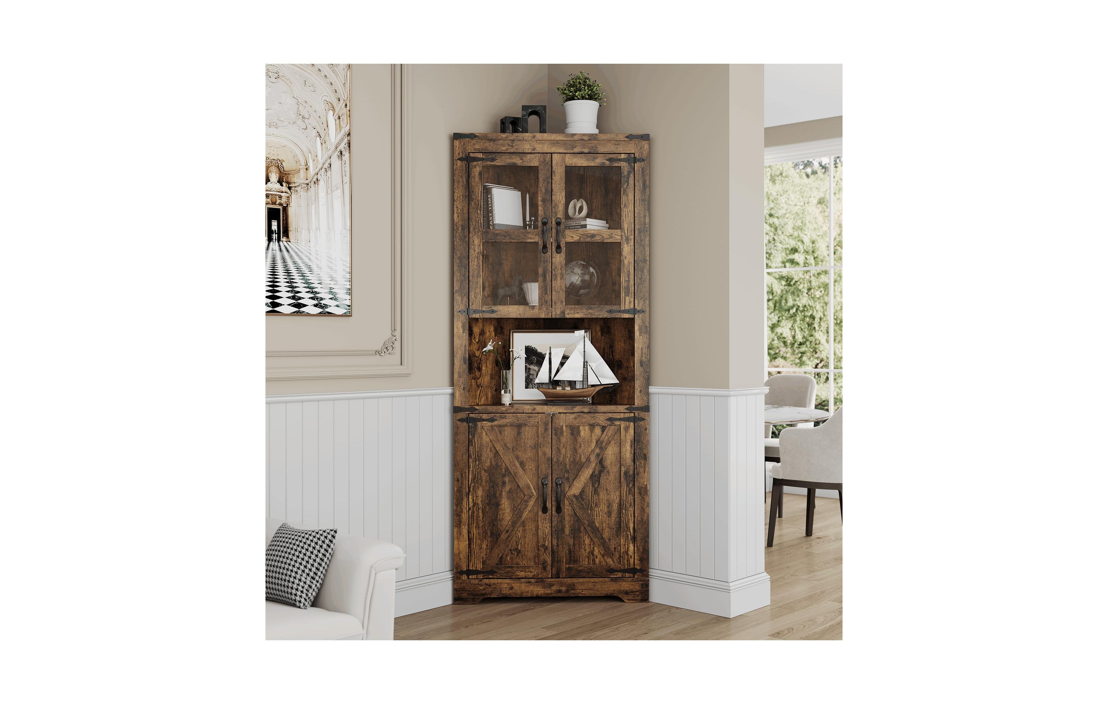 gaomon Tall Corner Cabinet, Farmhouse Storage Cabinet with Glass Door & Adjustable Shelves, Space Saving
