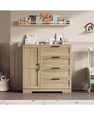 43.3'' Small Wardrobe Closet, Wardrobe Cabinet with Door, 4 Drawers and Handing Rod, Wooden Clothes Cabinet 4 Drawer Dresser