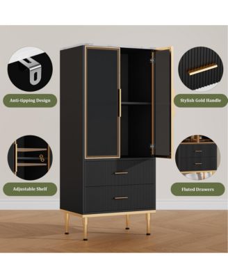Fluted Storage Cabinet with Glass Door and 2 Drawers, Modern Display Storage Cabinet