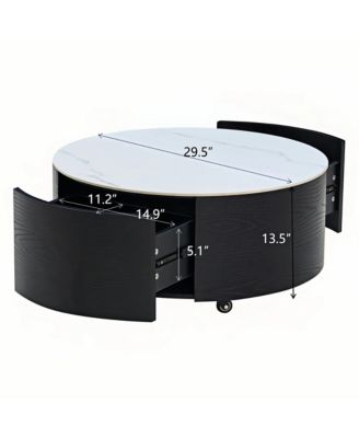 Modern Round Movable Coffee Table with Casters, 2 Drawers, Marble Pattern Sintered Stone Top