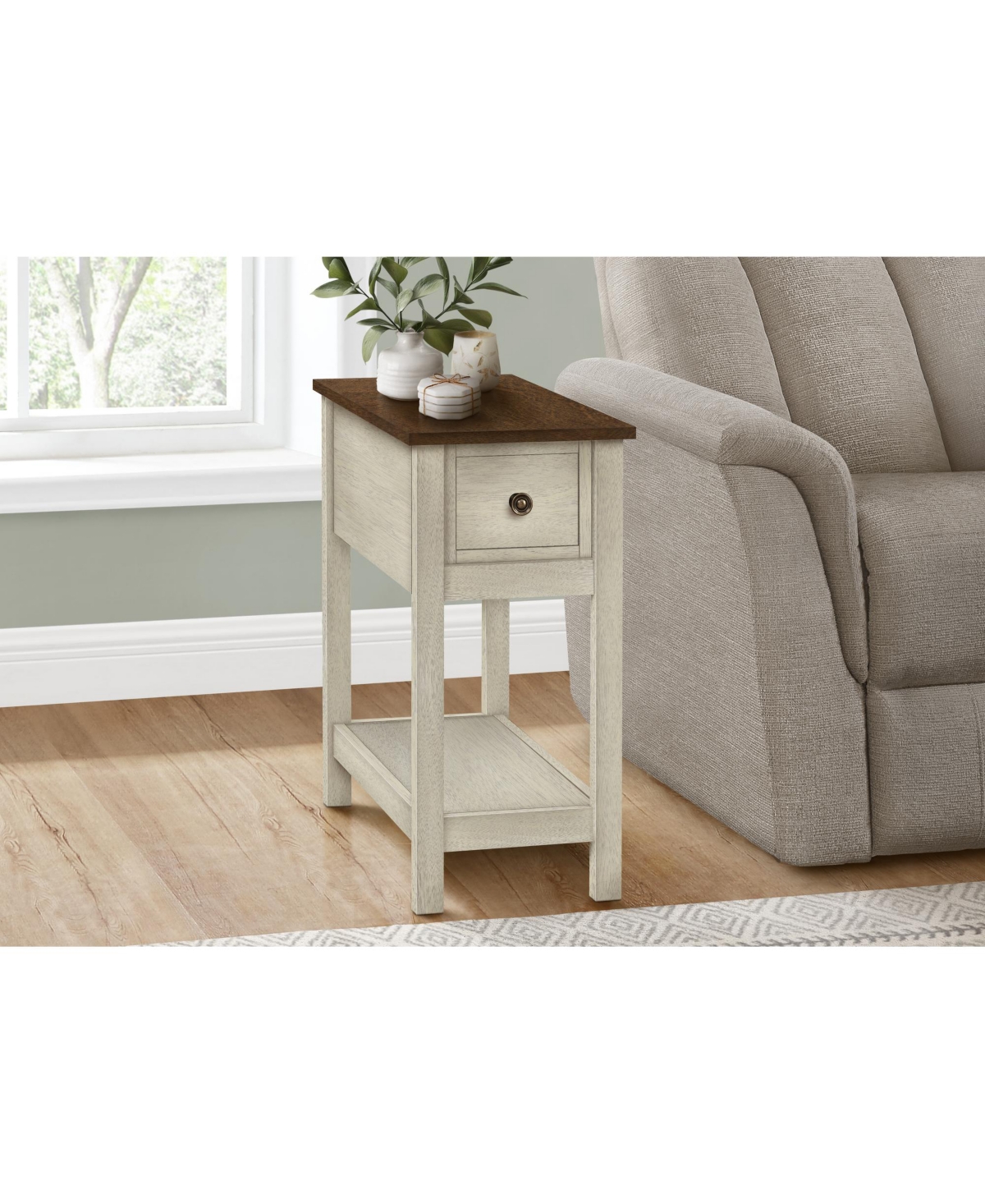 Lovmor Accent Table, End, Side Table, 2 Tier, Narrow, Bedroom, Lamp, Storage Drawer, Antique White Veneer, Brown Veneer, Transitional