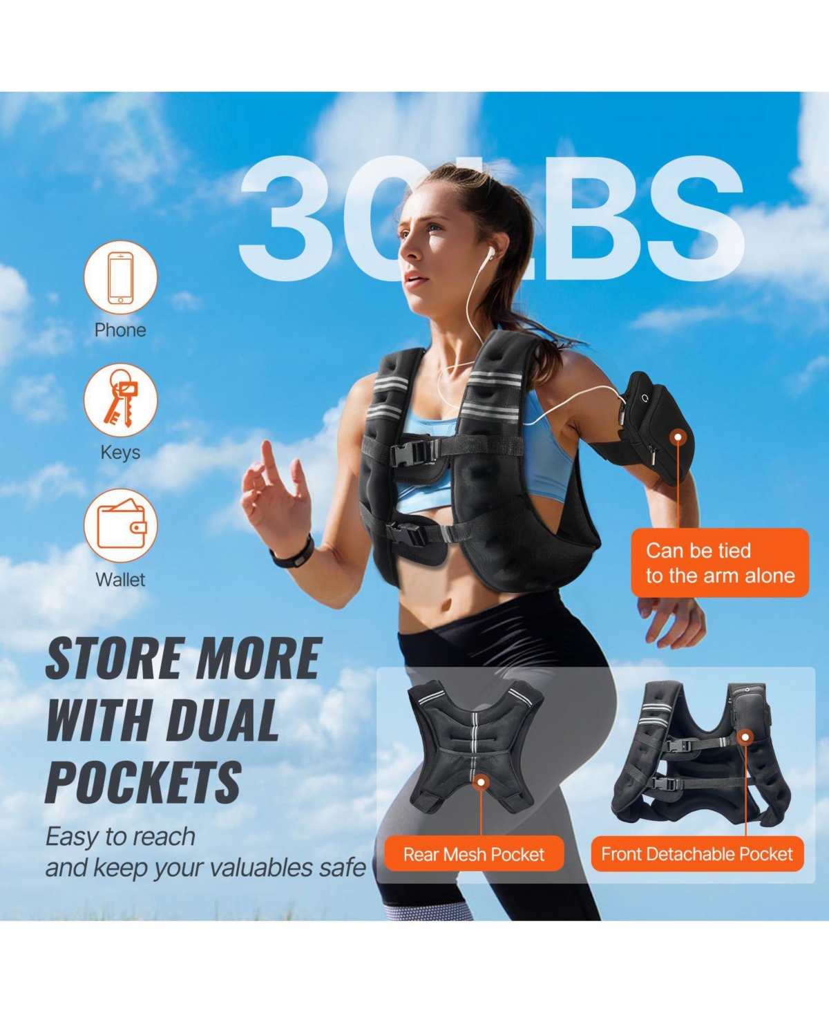 Sugfit Weighted Vest 30 Lb Adjustable Fitness Vest with Reflective Strips