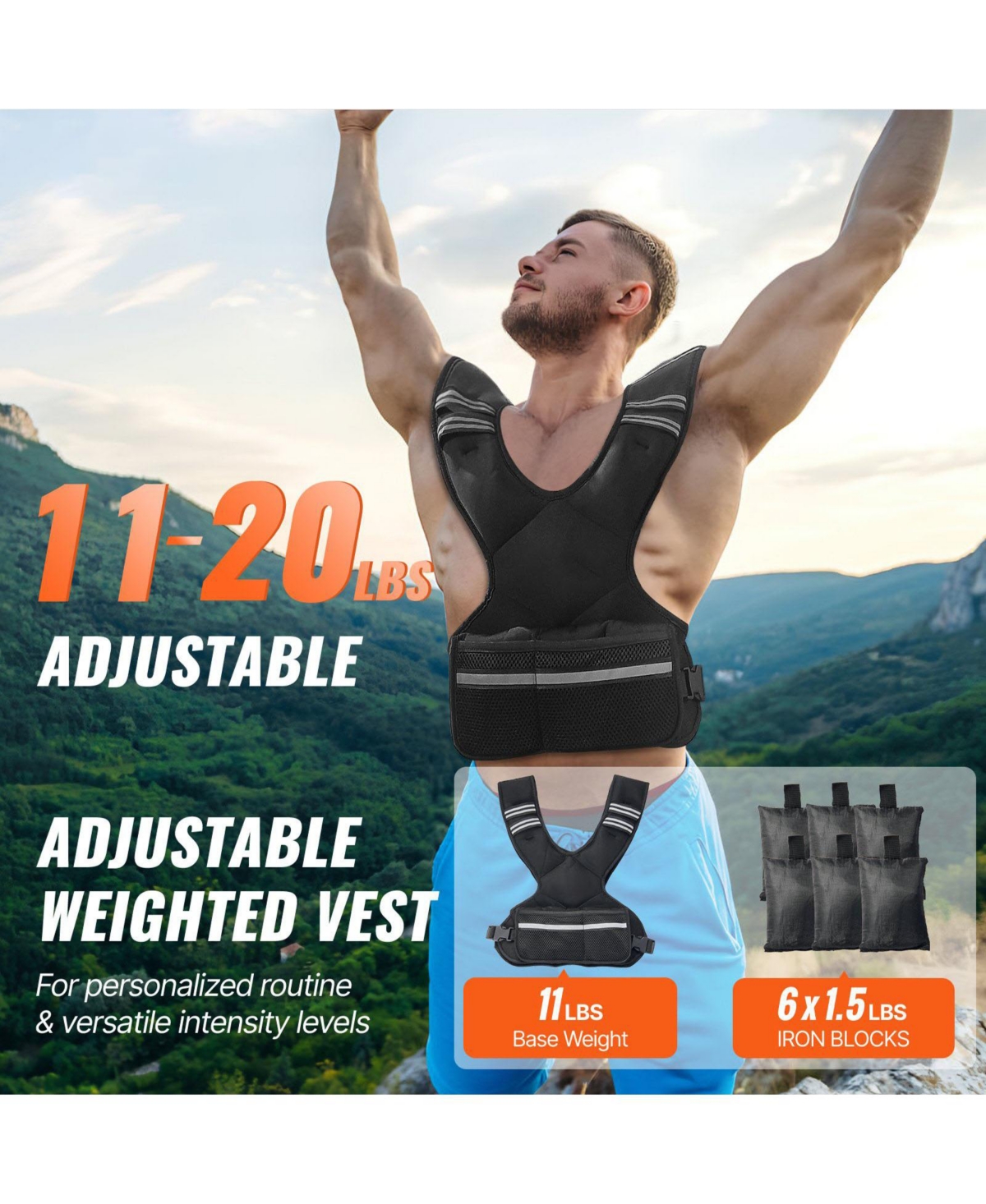 Sugfit Adjustable Weighted Vest 11–20 Lb with Iron Sand Weights and Reflective Strips