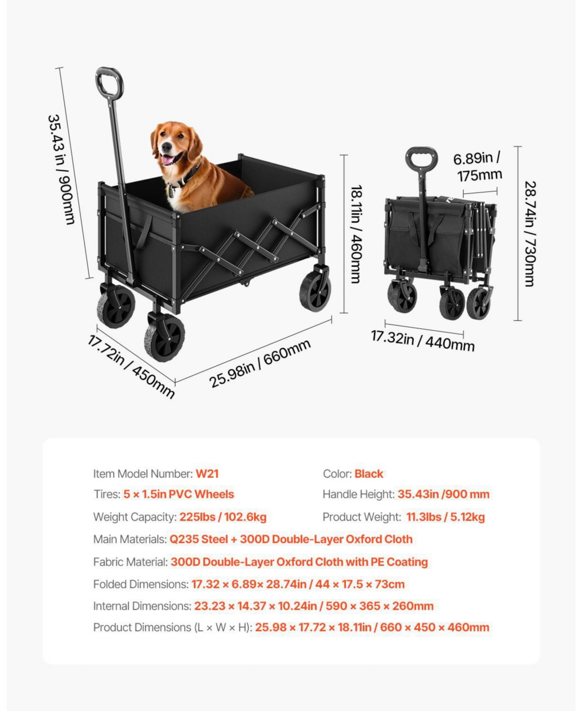 Sugfit Heavy-Duty Collapsible Utility Wagon with 225 lb Capacity & All-Terrain Wheels