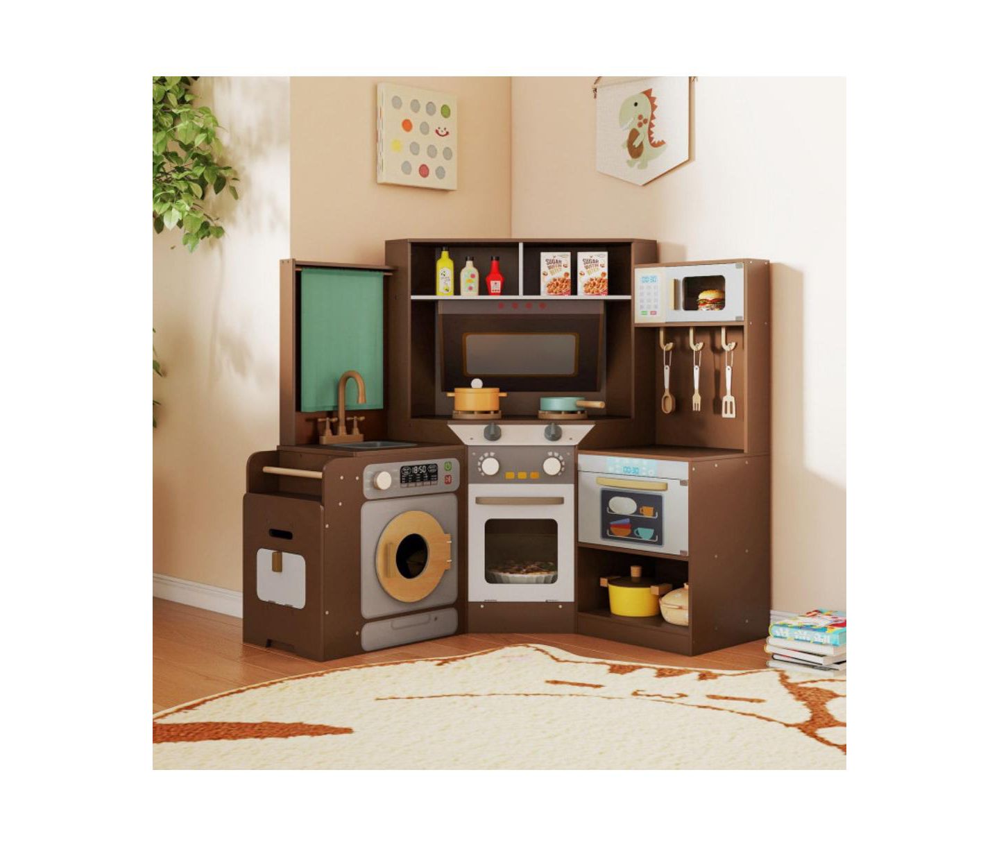 Детская игрушка HONGGE Corner Kids Play Kitchen with Lights and Sounds, Ages 3+, цвет: Коричневый — фото 7