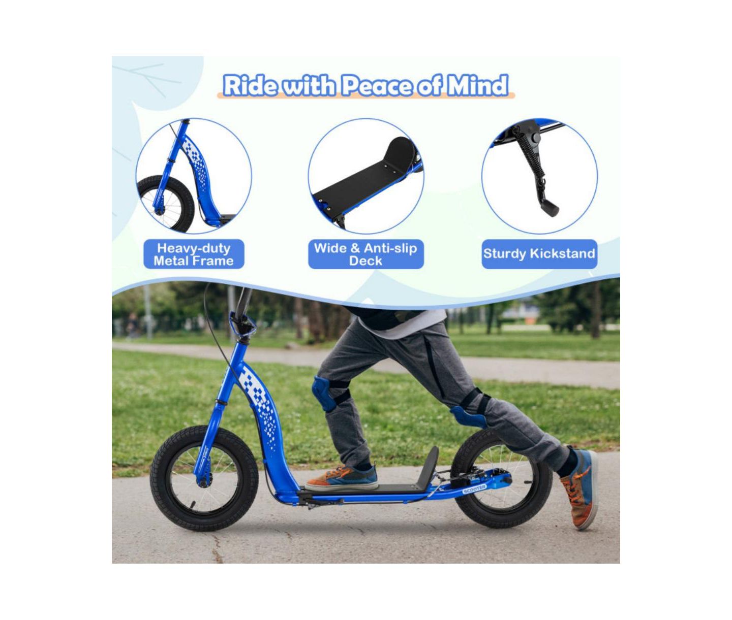 Детская игрушка HONGGE Youth Kick Scooter with Adjustable Height & Inflatable Wheels, Wide Deck, 165 lbs Capacity, Ages 8-13, цвет: Синий — фото 10