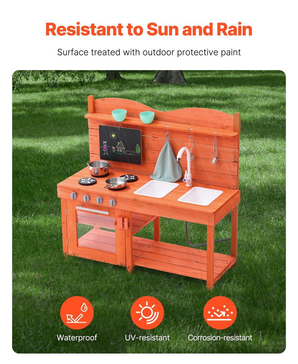 Hongge Wooden Outdoor Mud Kitchen for Kids with Sink Stove and Pots