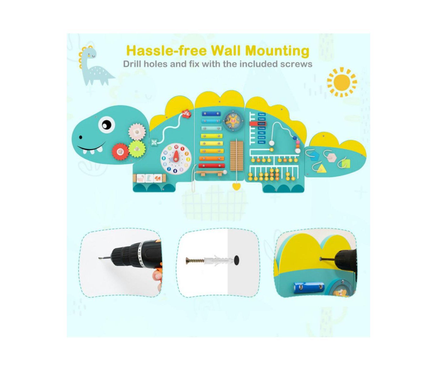 Детская игрушка HONGGE Dinosaur 11-in-1 Montessori-Inspired Wall Activity Board, Ages 3+, цвет: Зелёный — фото 7