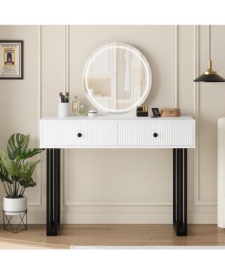 Vanity Desk with Mirror and Lights, Small Makeup Vanity with 2 Drawers, Modern Vanity Organizer with 3 Color Lights