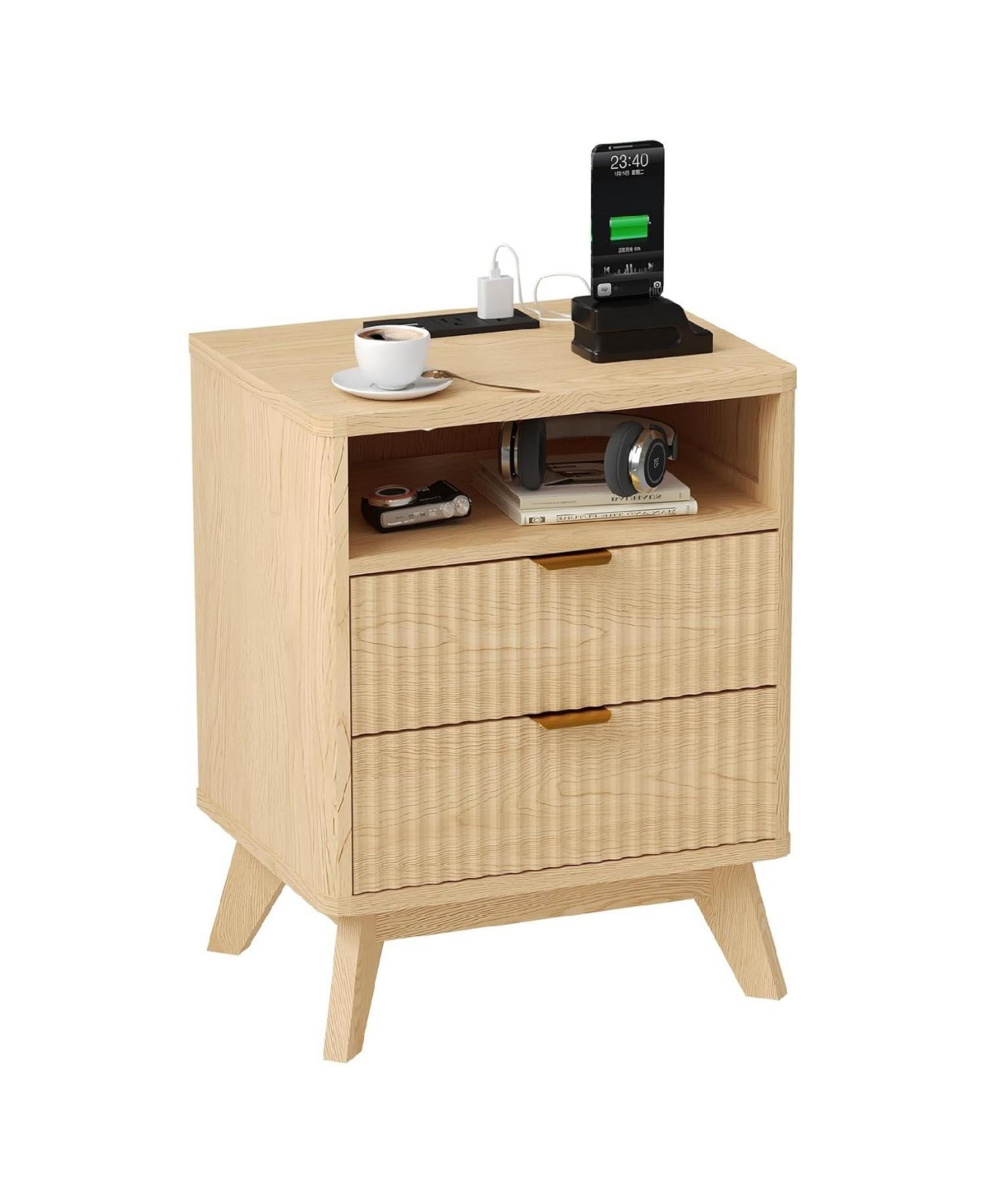 gaomon 1pc Modern Usb Charging Station & Outlets, 2 Drawers and Open Shelf, Natural Oak Wood Fluted Nightstand Bedside End Table