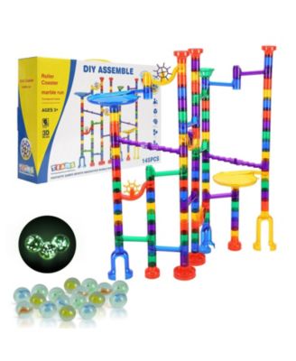 Marble Run Set, 145-Piece STEM Building Track with Glow-in-the-Dark and Glass Marbles for Kids Ages 3