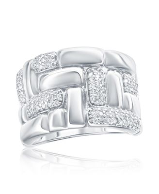 Pave Cubic Zirconia Silver Puff Woven Motif Extra Wide Band Ring
