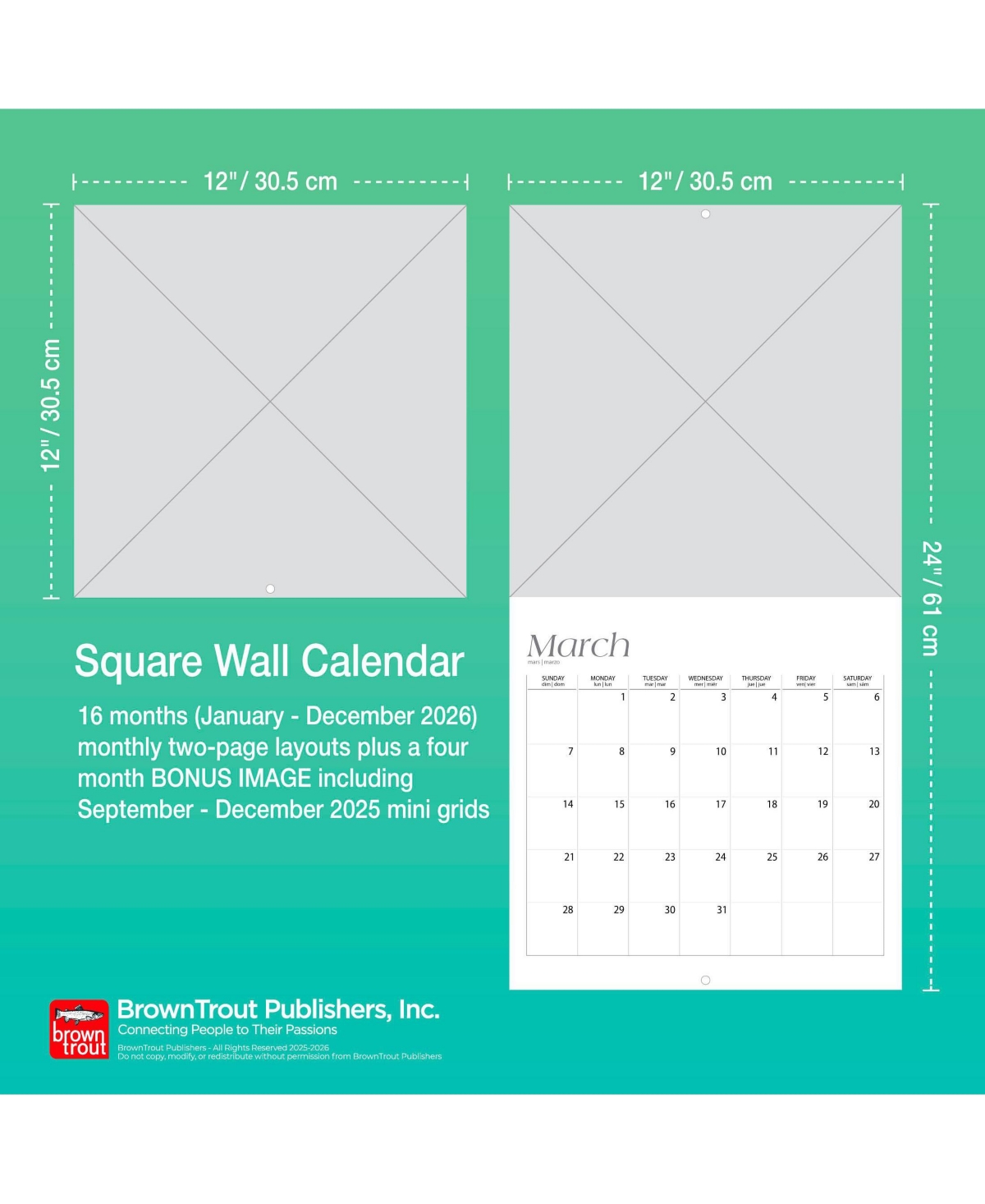 BrownTrout Claude Monet | 2026 12 x 24 Inch (Hanging) Monthly Square Wall Calendar | Foil Stamped Cover | Plastic-Free