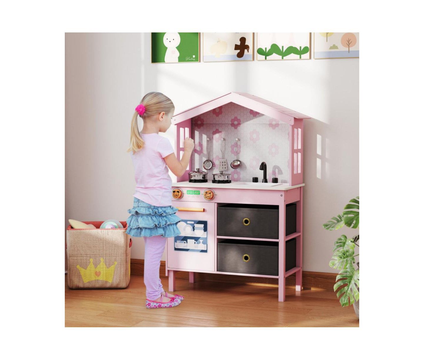 Детская игрушка HONGGE Dual Stoves Wooden Play Kitchen, Ages 3+, цвет: Розовый — фото 7