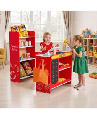 Kids Wooden Grocery Store Playset with Conveyor Belt and Scanner