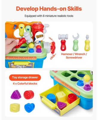 Musical Workbench Toy, Lights & Sounds Learning Tool Set, Shape Sorter, Pounding Game, Pretend Play Bench for Toddlers Age 2+