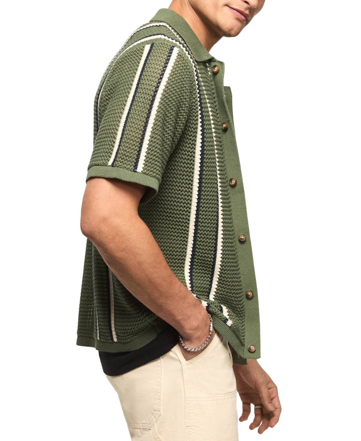 Lucky Brand's Men's Stripe Button-Front Short-Sleeve Sweater