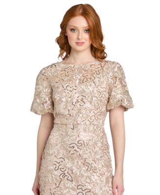 Women's Lace and Sequin Gown with Puff Sleeves and Trumpet Skirt