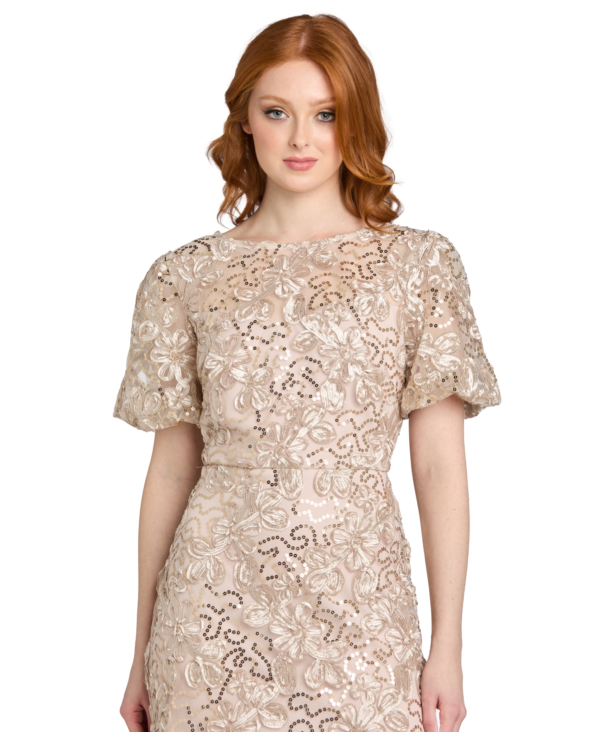 R & M Richards Women's Lace and Sequin Gown with Puff Sleeves Trumpet Skirt