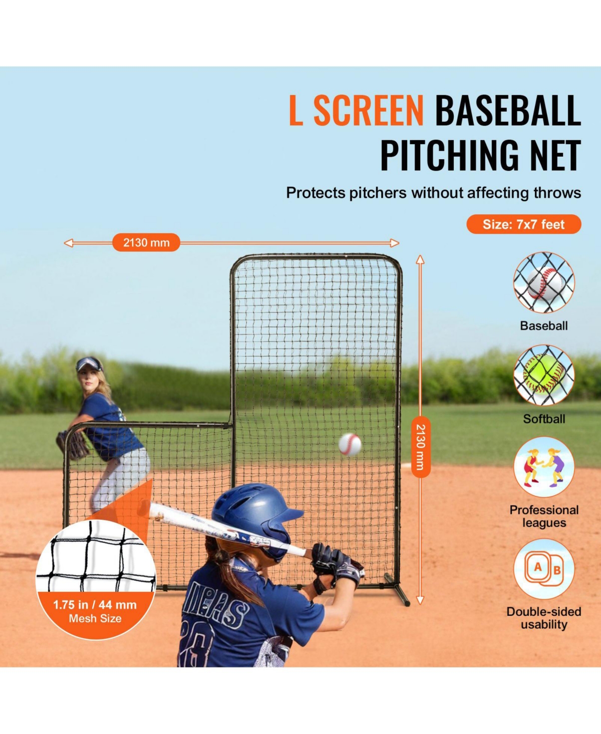 Mecale L-Screen Baseball Net, 7x7 ft Safety Pitching Screen with Carry Bag and Stakes, Heavy-Duty Batting Cage Protection Net