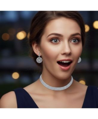Holiday Wide 5 Row Crystal Statement Choker Necklace & Circle Round Compass Cubic Zirconia CZ Dangle Earring Jewelry Set