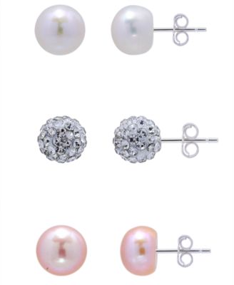 White and Pink Freshwater Pearl Button and Clear Crystal Fireball Stud Earrings Set