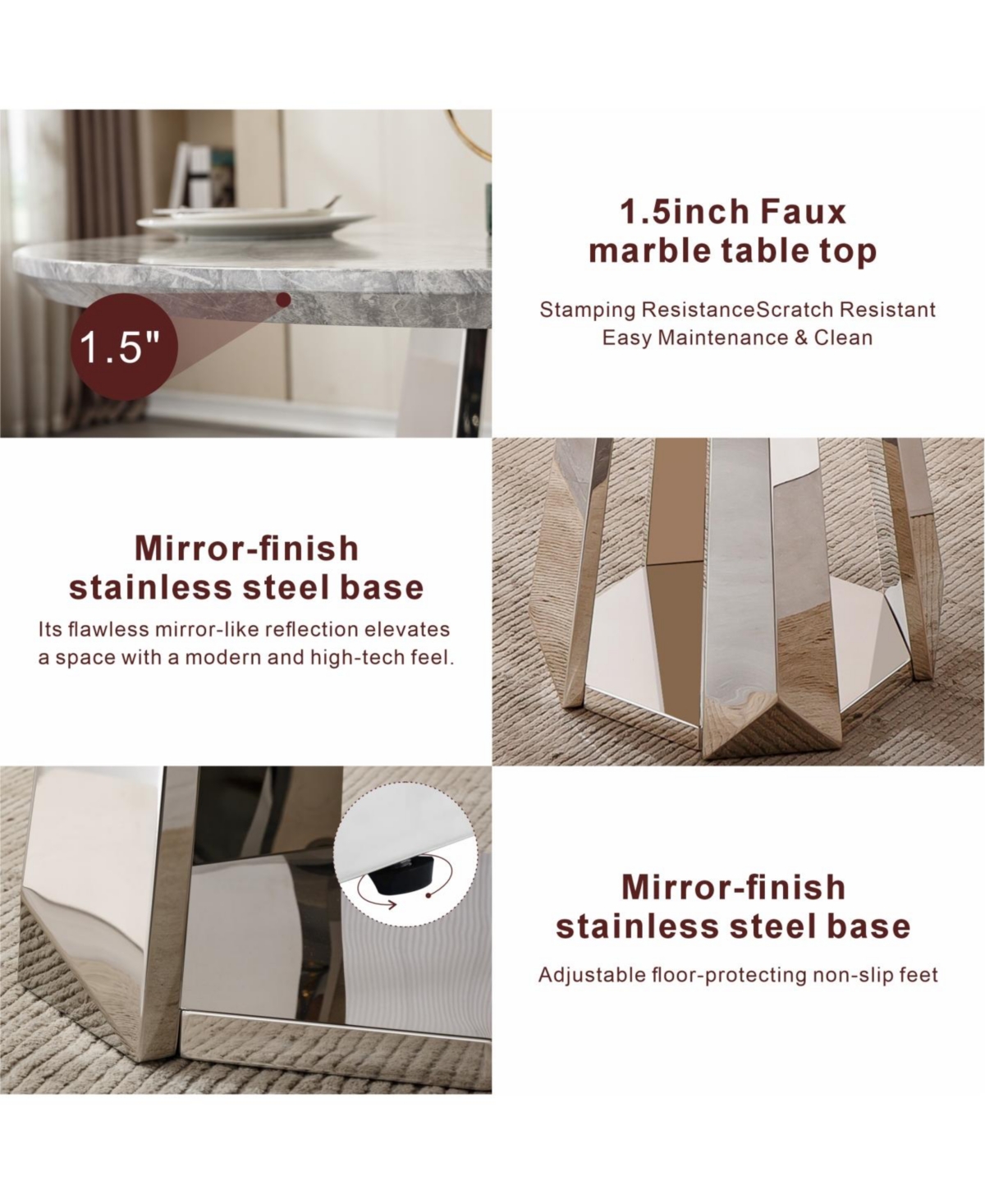 Streamdale Furniture 47" Round Marble Dining Table with Stainless Steel Base