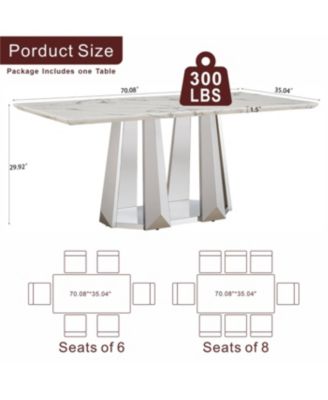 Marble Dining Table for 6 People, 70" Faux Marble & Stainless Steel Base (Silver, White