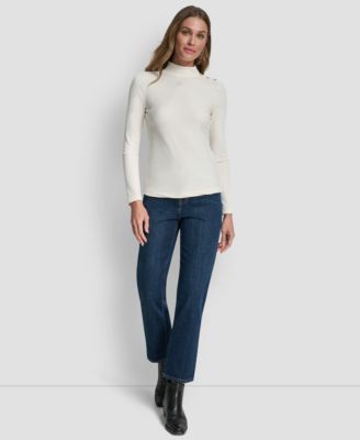 Women's Jewel Button Shoulder Mock Neck Long-Sleeve T-Shirt