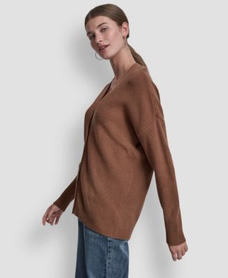 Women's Relaxed V-Neck Shaker Stitch Cardigan With Suede Logo Patch