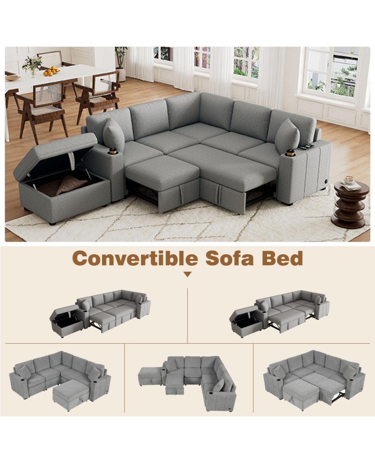 Streamdale 84.7" Convertible Sectional Sofa Bed with Ottoman