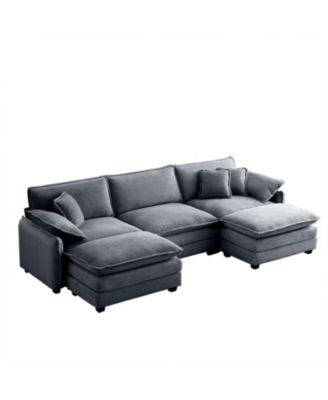 Grey Corduroy Modular Sofa with Ottoman & Footstools