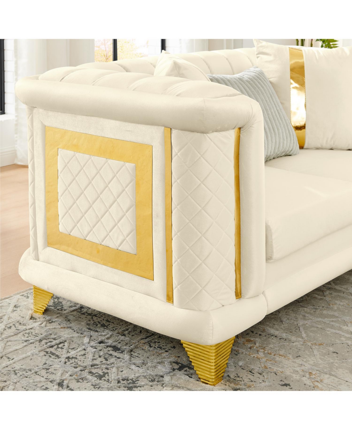 Streamdale Furniture 89" Velvet Sofa, Gold Trim, Tufted Couch with Pillows, Beige