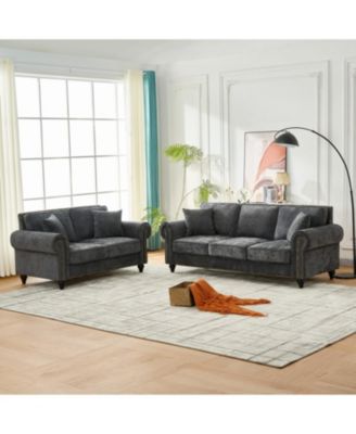 Modern Chenille Sofa with Rolled Arms & Nailhead Trim