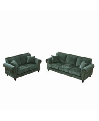 Modern Chenille 3+2 Seater Sofa with Rolled Arms, Wood Legs, Green