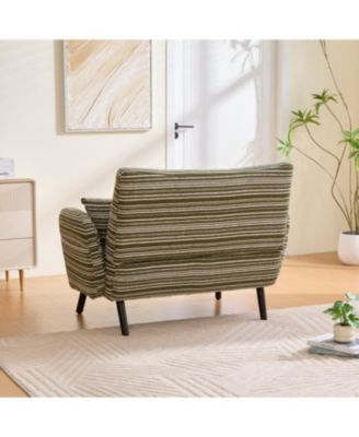 Modern two-seater sofa with armrests, pillows, and storage pockets.