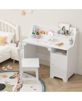 Kids Desk and Chair Set, Wooden Study Table with Hutch and Storage Cabinet, Student Writing Desk for Home or Classroom